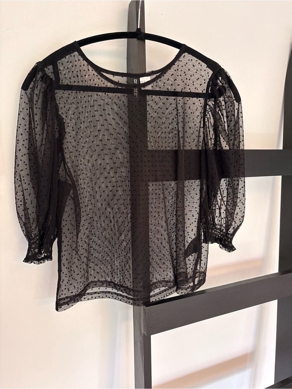 H&M Black Sheer Dotted Mesh Blouse with Puff Sleeves